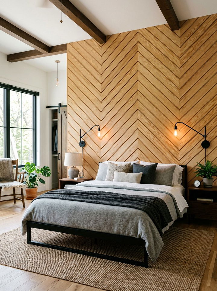Chevron Wood Slat Wall - 30 bedroom geometric wall designs