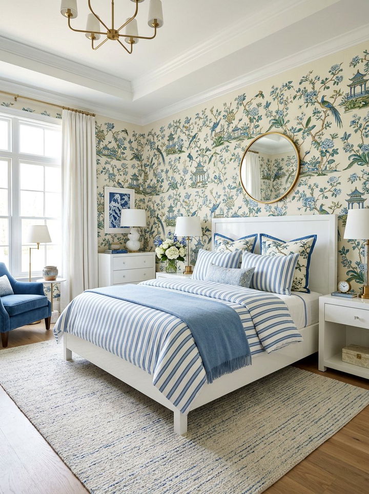 Chinoiserie Wallpaper Striped Bedding - 30 bedroom pattern mixing ideas
