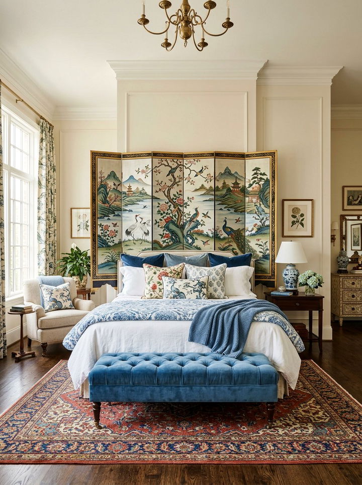 Chinoiserie screen backdrop - 30 grandmillennial bedroom ideas
