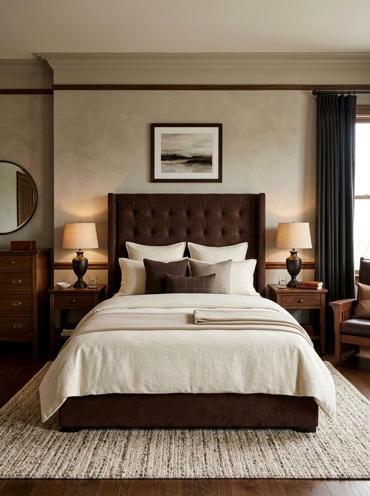 Chocolate Brown Suede Headboard - 30 bedroom upholstered headboards