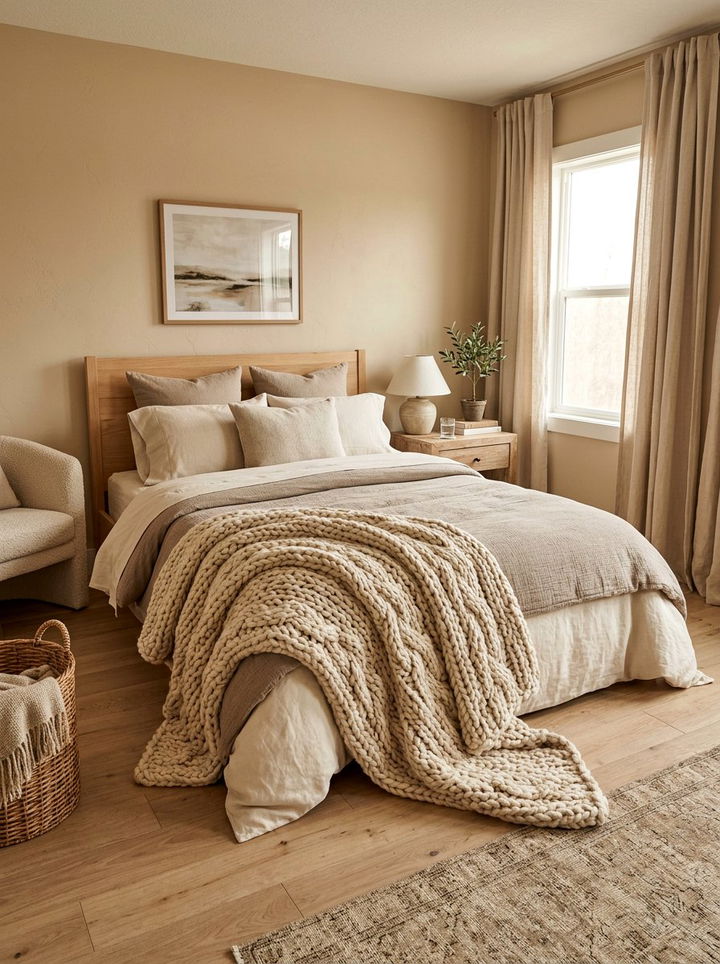 Chunky Knit Blanket - 30 farmhouse beige bedroom ideas