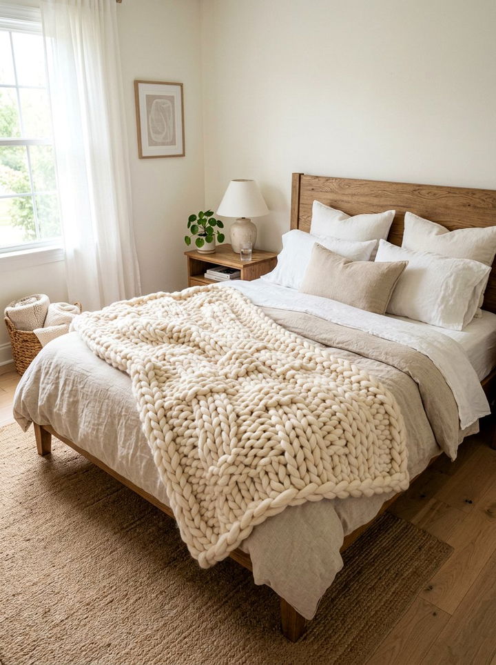 Chunky Knit Throw - 30 bohemian beige bedroom ideas