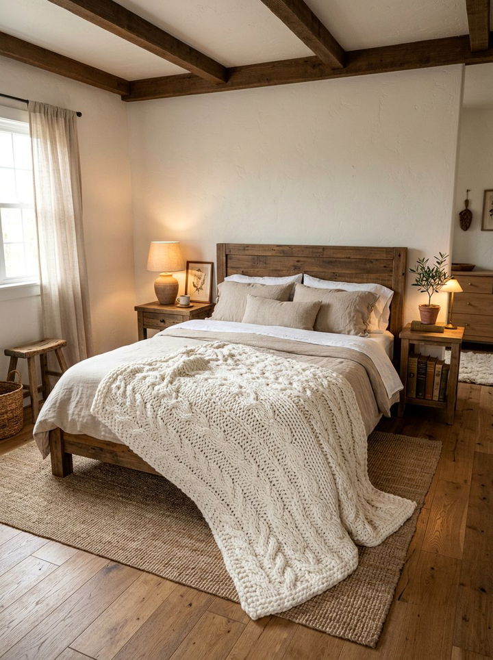 Chunky knit throw blanket - 30 rustic white bedroom ideas