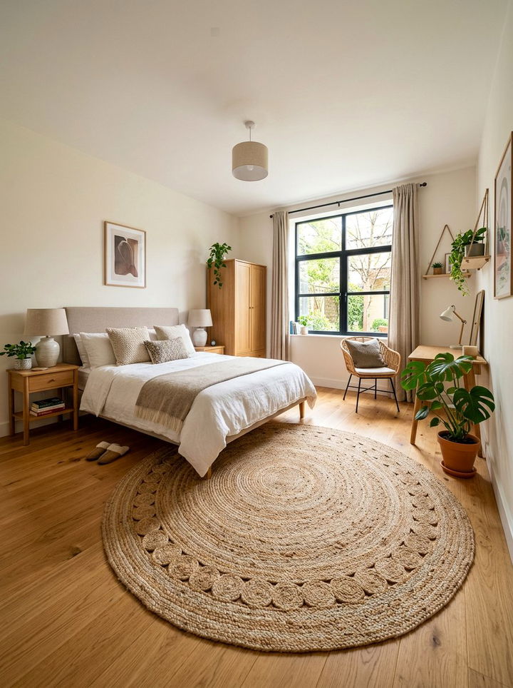 Circular Jute Rug - 30 rental apartment bedroom ideas