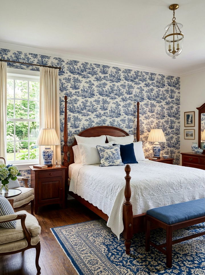 Classic Blue Toile Wallpaper - 30 bedroom peel and stick wallpapers