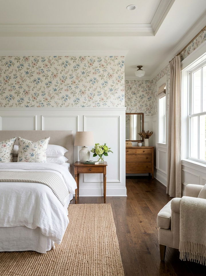 Classic White Wainscoting With Wallpaper - 30 bedroom wainscoting ideas