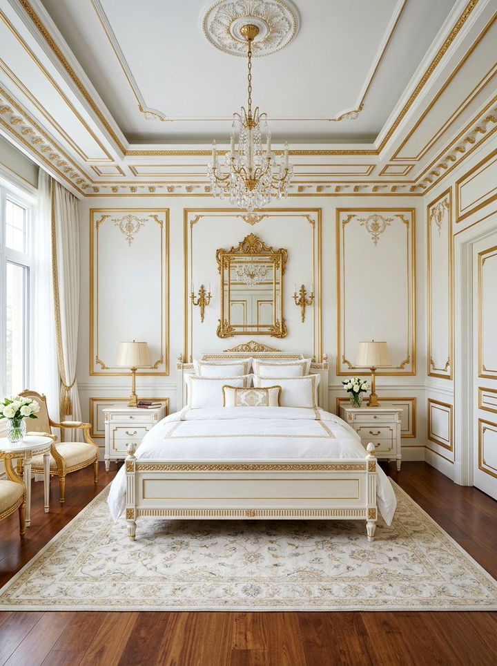 Classic white bedroom with gold molding - 30 gold and white bedroom ideas