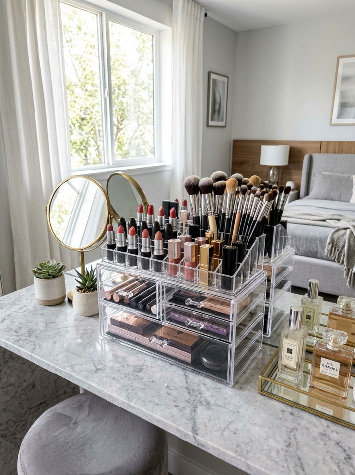 Clear Acrylic Makeup Organizer - 30 bedroom storage tips