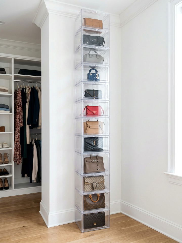 Clear Stackable Bag Boxes - 30 bedroom bag storage ideas