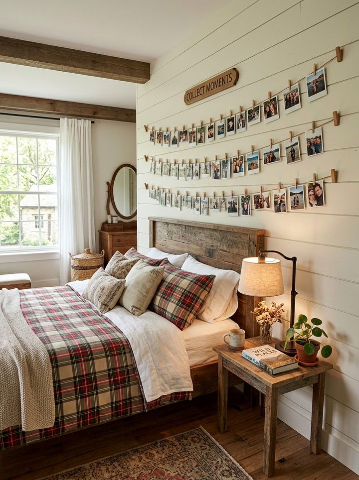 Clothespin twine photo line - 30 bedroom memory wall ideas