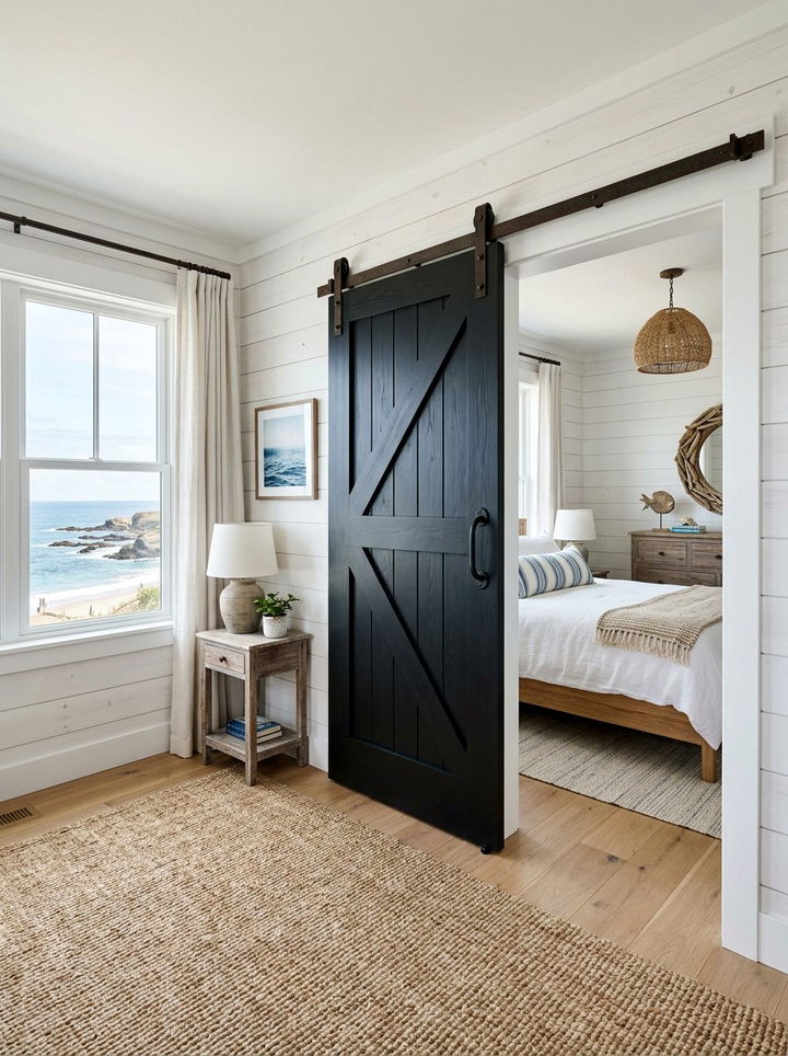 Coastal Bedroom Black Barn Door - 30 coastal black bedroom ideas
