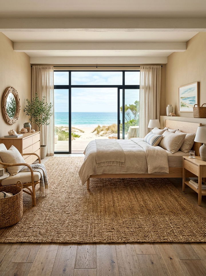 Coastal Bedroom With Jute Rugs - 30 coastal beige bedroom ideas