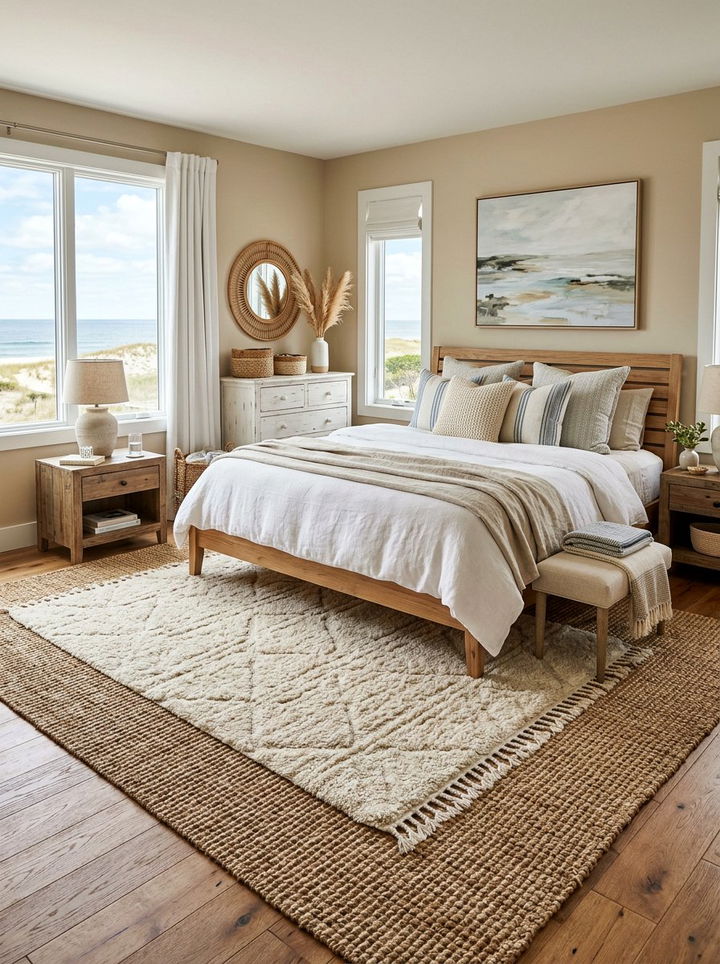 Coastal Bedroom With Layered Neutral Rugs - 30 coastal beige bedroom ideas