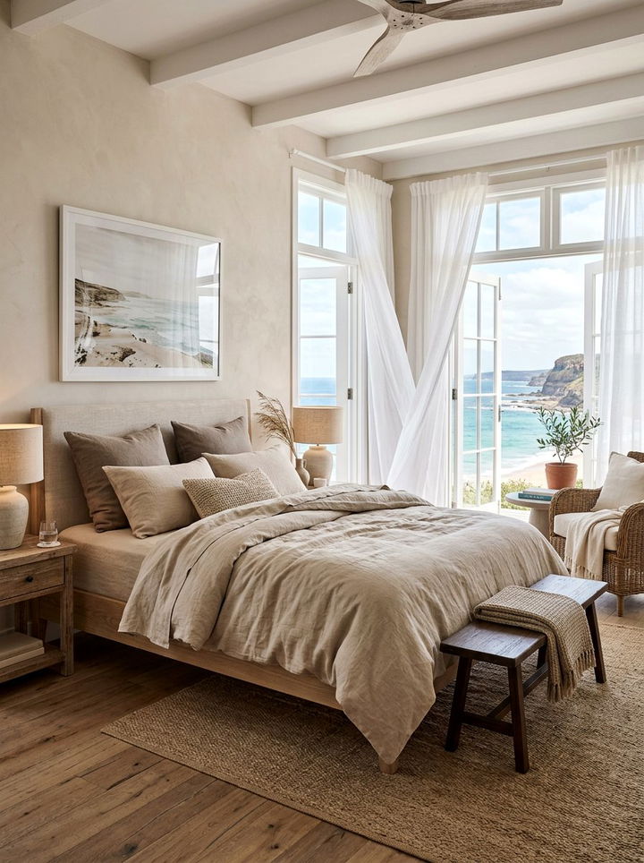 Coastal Bedroom With Linen Bedding - 30 coastal beige bedroom ideas