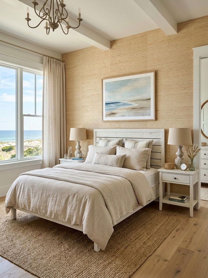 Coastal Bedroom With Textured Wallpaper - 30 coastal beige bedroom ideas