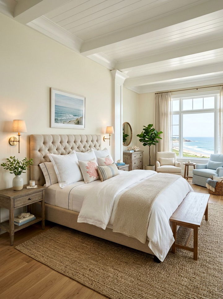 Coastal Bedroom With Tufted Headboard - 30 coastal beige bedroom ideas