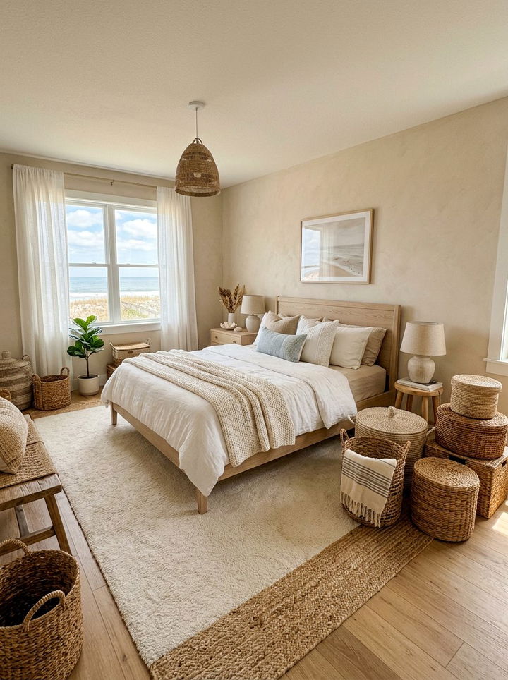 Coastal Bedroom With Woven Baskets - 30 coastal beige bedroom ideas