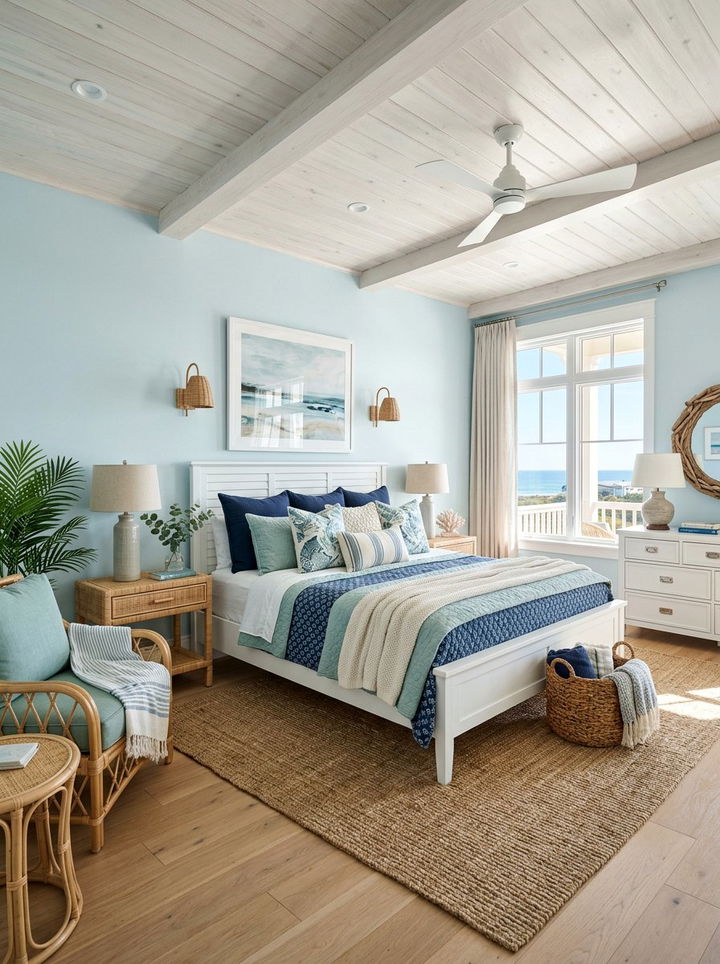 Coastal Blue Accents - 30 bedroom bed styling ideas