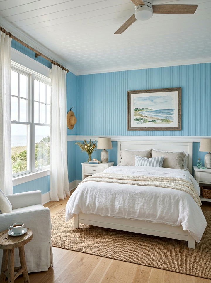 Coastal Blue Beadboard Wall - 30 bedroom wainscoting ideas