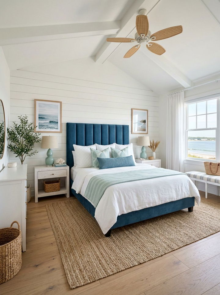 Coastal Blue Channel Headboard - 30 bedroom channel tufted headboards