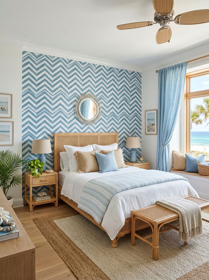 Coastal Blue Chevron Pattern Wall - 30 bedroom chevron wall ideas