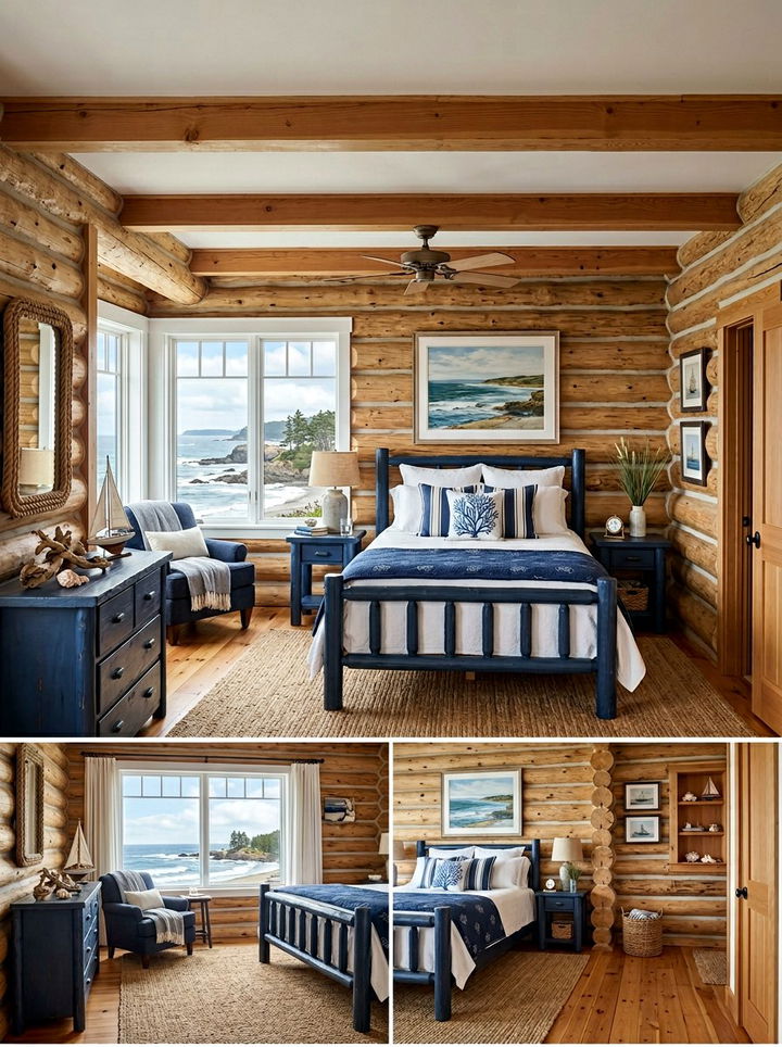 Coastal Blue Log Cabin - 30 rustic blue bedroom ideas