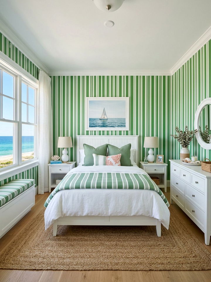 Coastal Green Striped Bedroom - 30 coastal green bedroom ideas