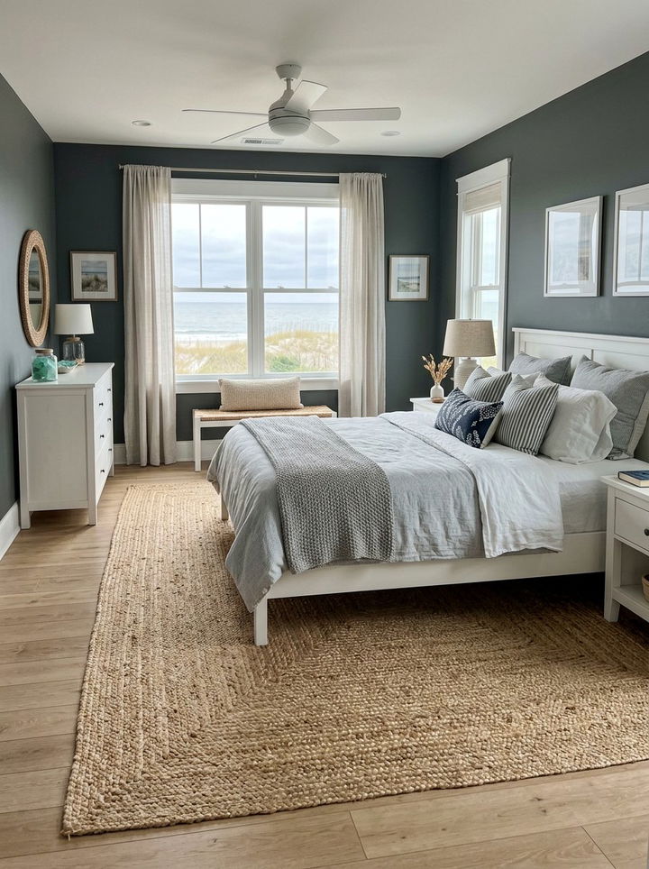 Coastal Grey Bedroom With Jute Rug - 30 coastal grey bedroom ideas