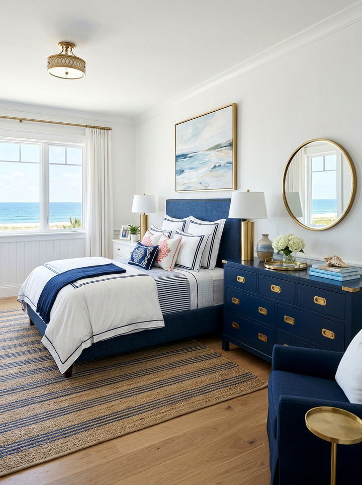 Coastal Navy Brass Accents - 30 coastal navy bedroom ideas