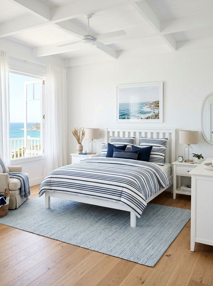 Coastal Navy Stripe Bedding - 30 coastal navy bedroom ideas