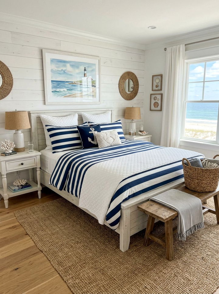 Coastal Striped Bedding - 30 bedroom layered bedding ideas