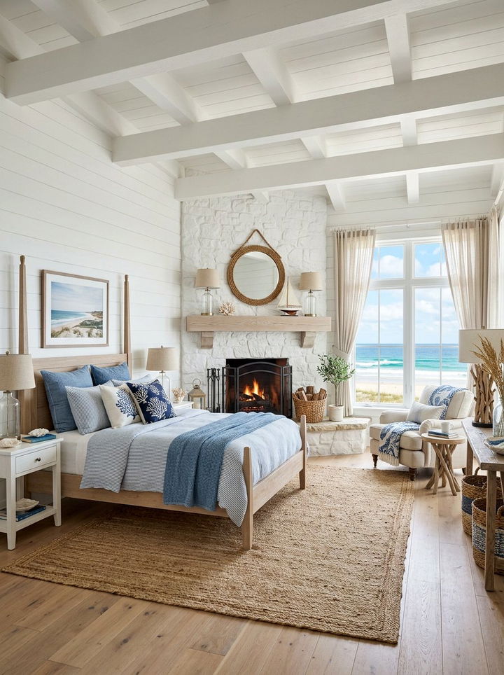 Coastal Style Bedroom With White Fireplace - 30 bedroom with fireplace ideas