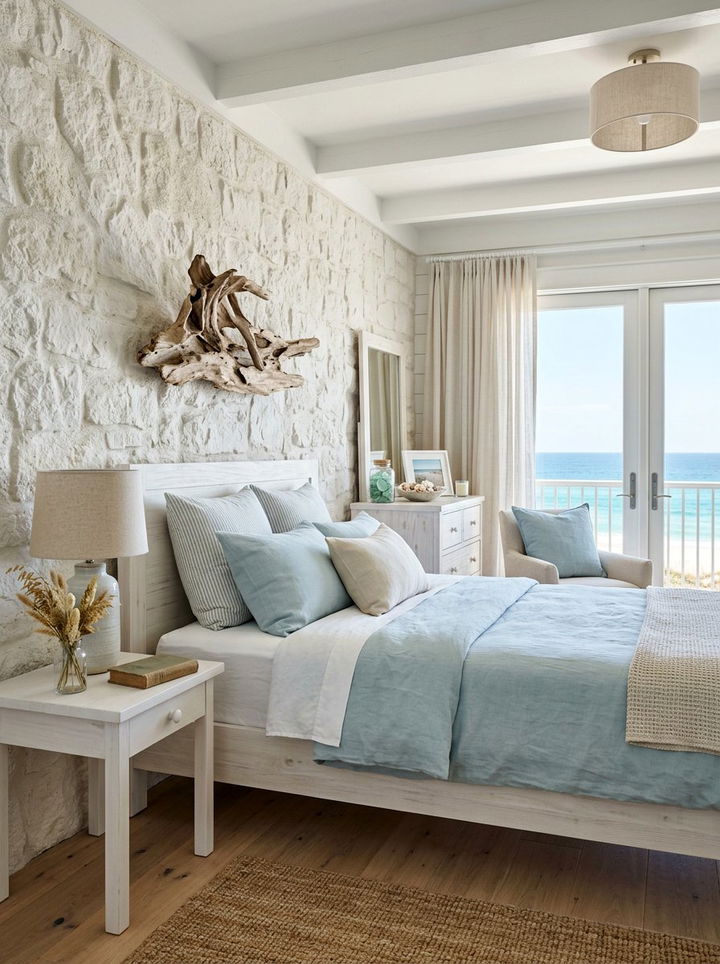 Coastal White Stone - 30 bedroom stone wall ideas