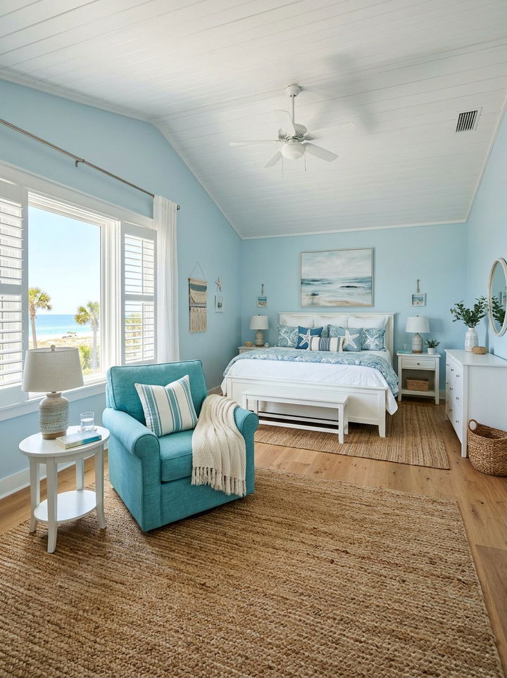 Coastal bedroom blue lounge chair - 30 bedroom with sitting area ideas