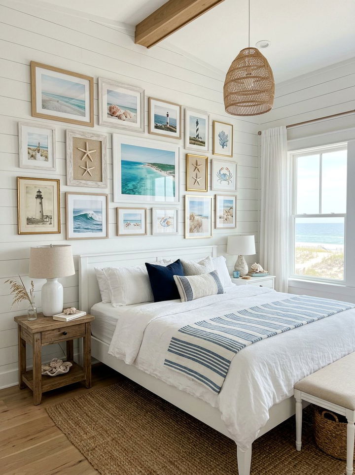 Coastal bedroom gallery wall - 30 coastal white bedroom ideas