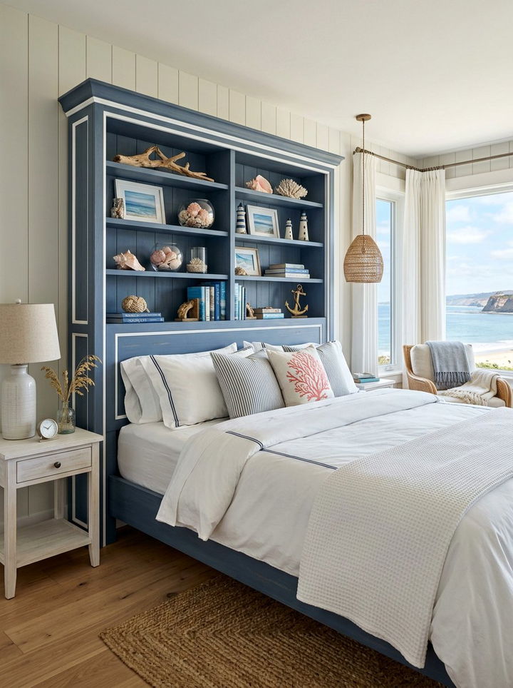 Coastal blue bookcase headboard - 30 bedroom bookcase headboards