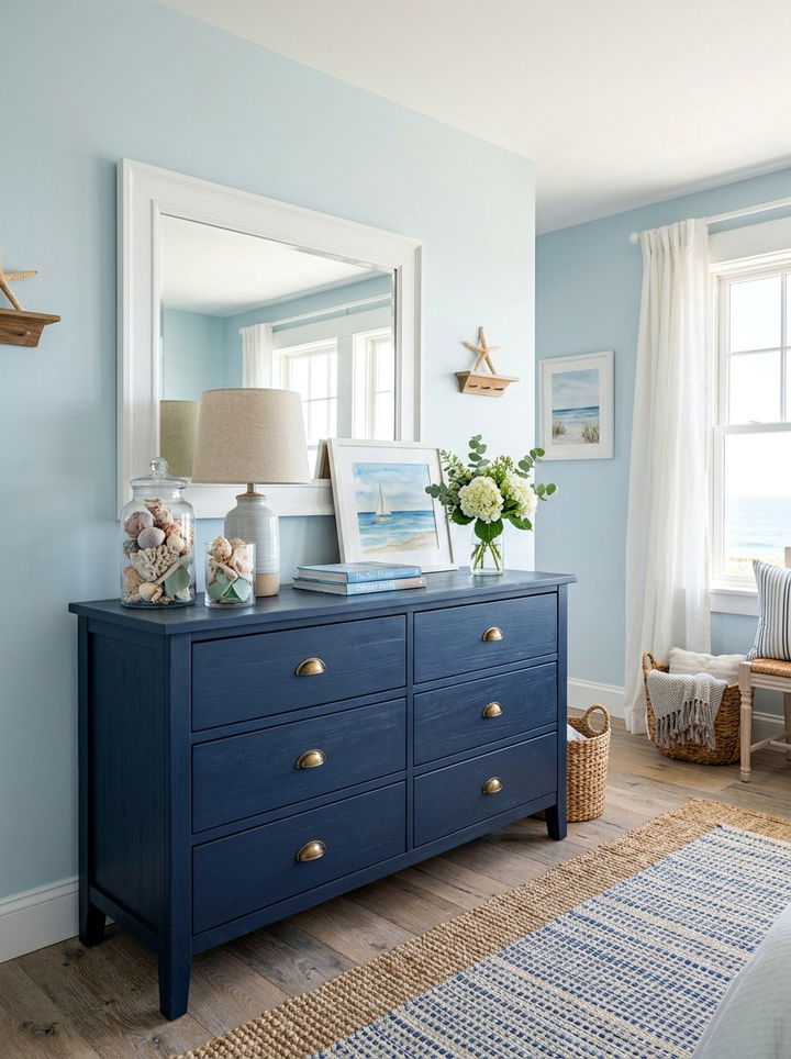 Coastal blue dresser with white framed mirror - 30 bedroom dresser with mirror ideas