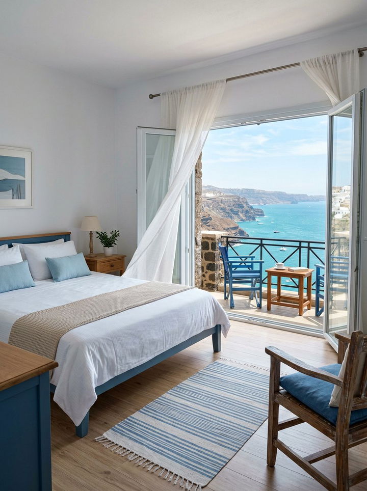 Coastal view balcony bedroom - 30 Greek bedroom ideas