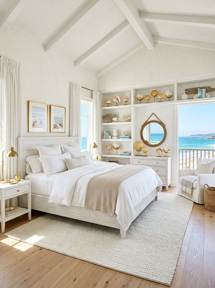Coastal white bedroom with gold shells - 30 gold and white bedroom ideas