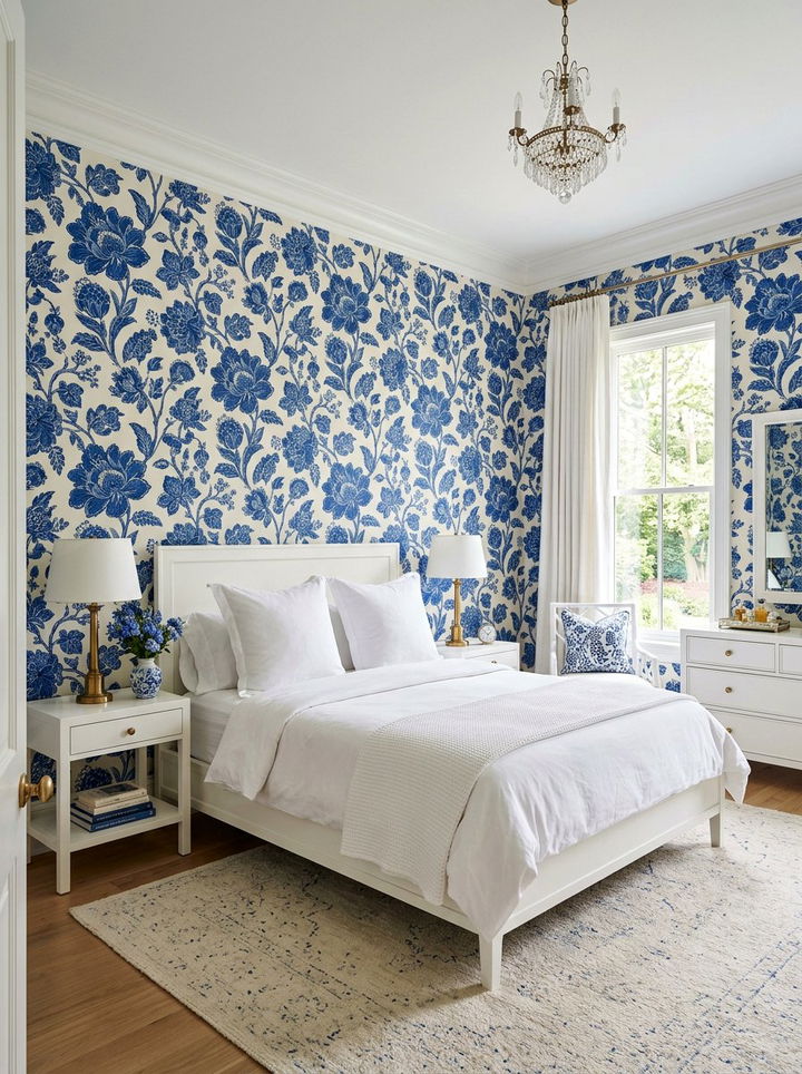 Cobalt Blue Floral Wallpaper - 30 cobalt and white bedroom ideas