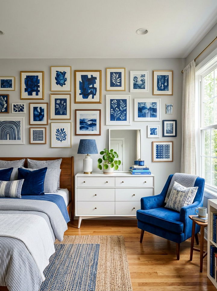 Cobalt Blue Gallery Wall - 30 cobalt blue bedroom ideas