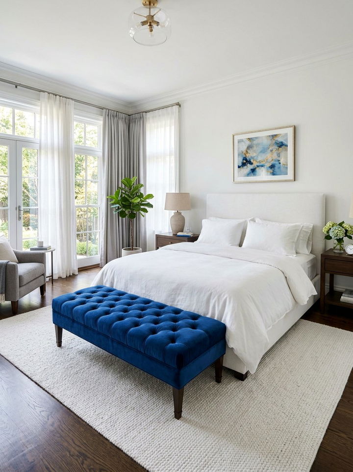 Cobalt Blue Upholstered Bench - 30 cobalt and white bedroom ideas