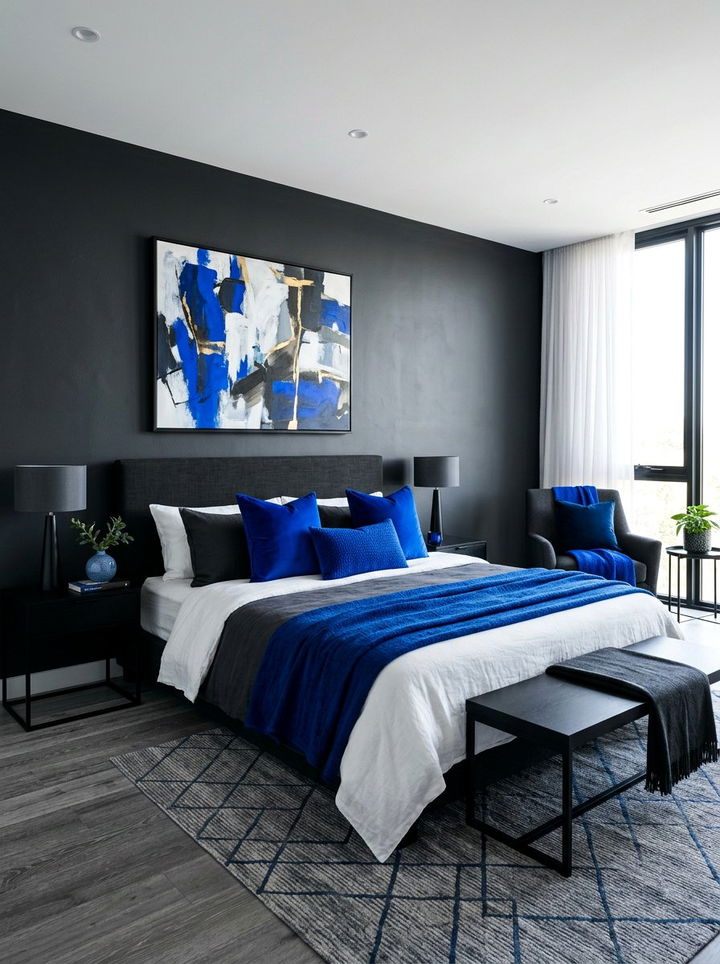 Cobalt blue and charcoal bedroom - 30 blue and gray bedroom ideas
