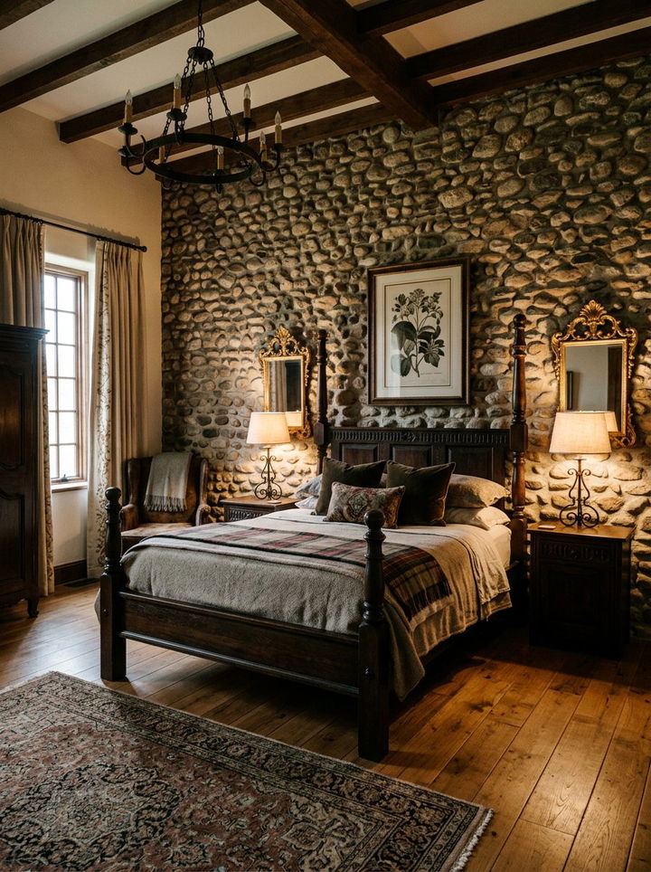 Cobblestone Accent Wall - 30 bedroom stone wall ideas