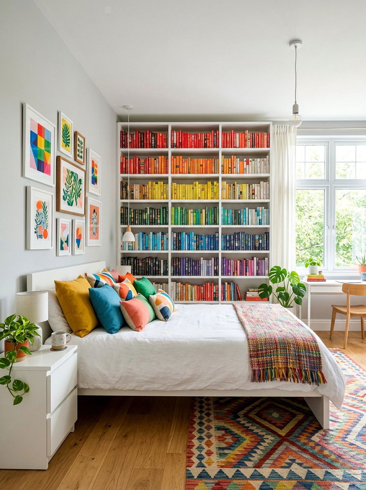 Color coordinated bookshelf - 30 bedroom book displays