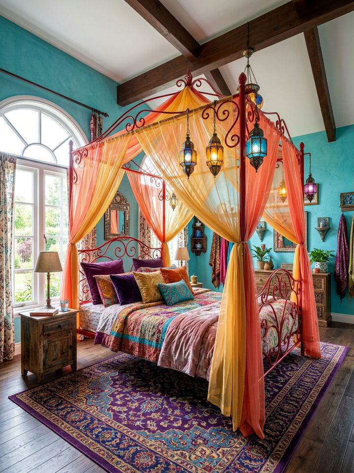 Colorful Canopy Bed Bedroom - 30 maximalist bedroom ideas