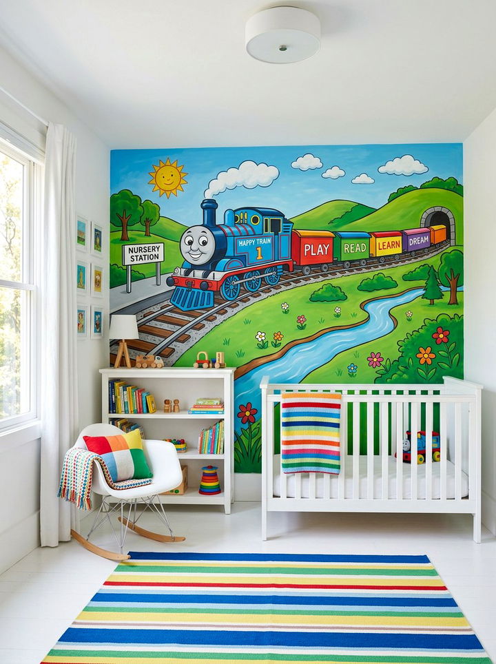Colorful Cartoon Train Wall - 30 train bedroom ideas