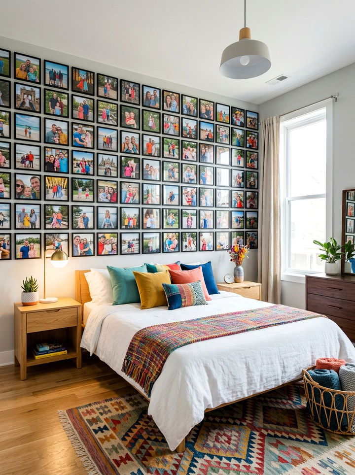 Colorful Family Portrait Accent Wall Bedroom - 30 bedroom family photo ideas