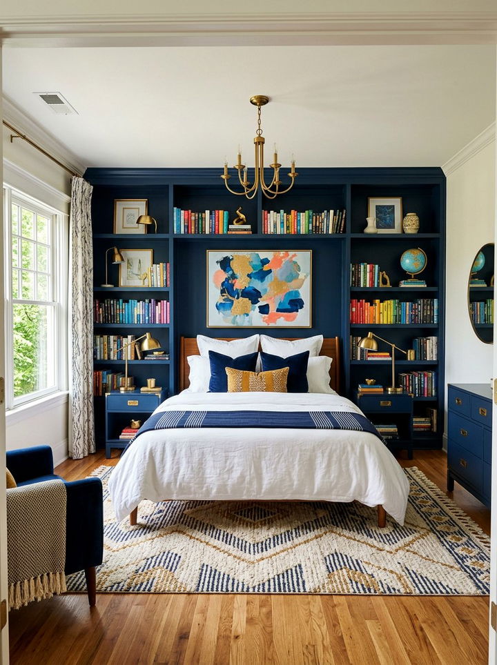 Colorful Painted Built In Shelves - 30 bedroom bookshelf ideas