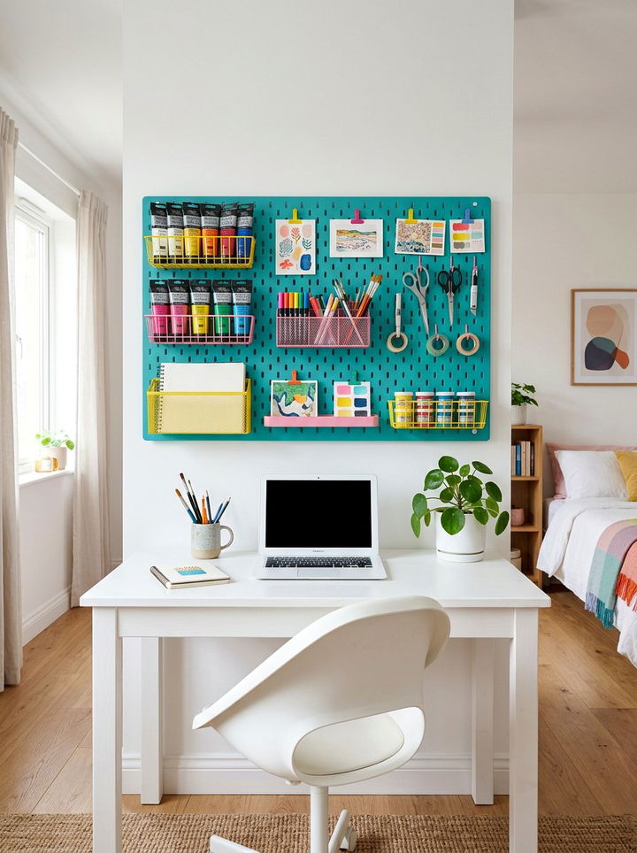 Colorful Pegboard Setup - 30 bedroom craft corner ideas